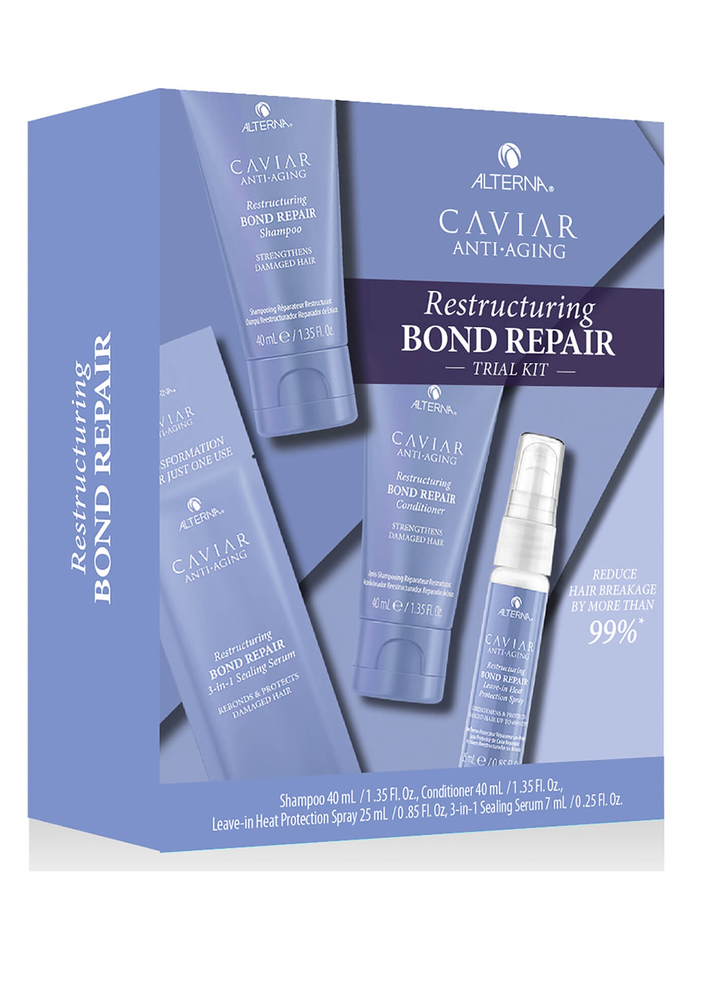 Alterna Caviar Anti-Aging Restructing Bond Repair Trial Kit Shampoo Conditioner Serum Protection Spray 1.35-1.35-0.85-0.25oz | SellerSpree
